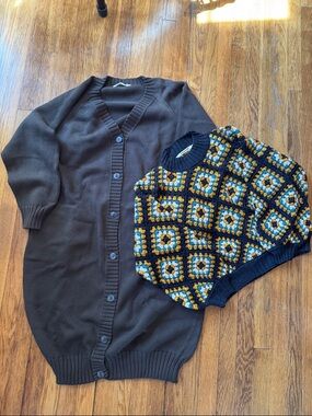 Chunky Navy & Mustard Crochet Sweater + Dark Brown Button Cardigan
